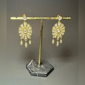 Vintage PA CN Couture Art Deco Gold Toned & Rhinestone Dangle Earrings